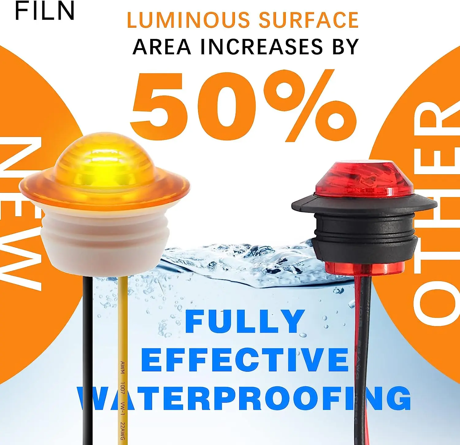 FILN 500Pcs Amber LED Trailer Marker Light Mini Round Side Clearance Lamp Waterproof 12V for Truck Boat RV