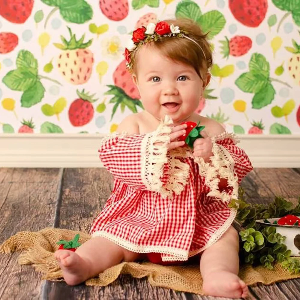 Adorable Newborn Photography Prop Baby Girl Red Gingham Off Shoulder Dress Outfit Infant Photo Studio Holiday Clothes Gift
