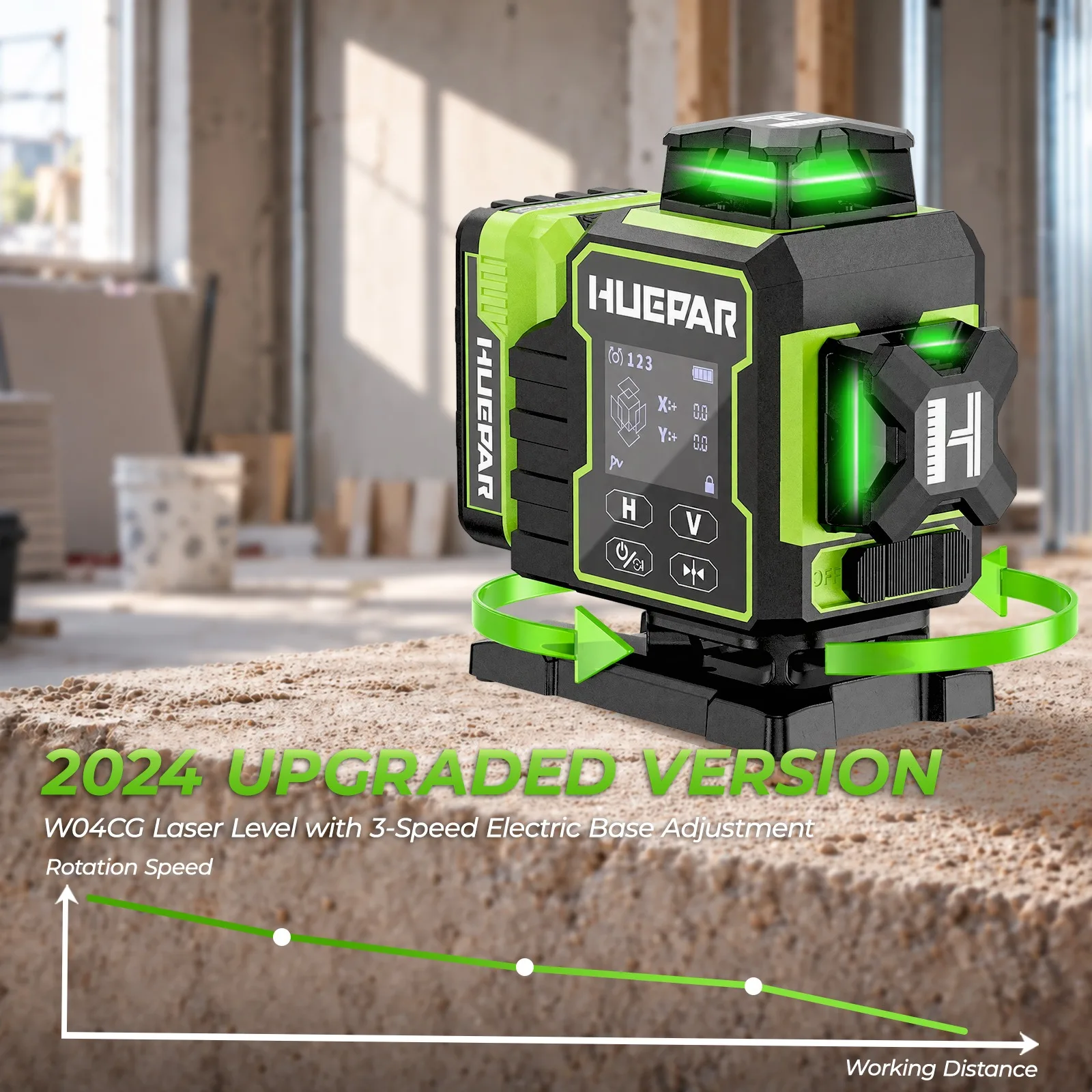 Huepar W04CG Laser Level Green Cross 4D 16 Lines Bluetooth Lazer Leveler With Electric Rotating Base & Large LCD Screen & Remote