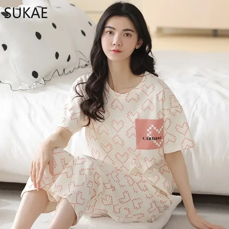 SUKAE 100% Cotton Woman's Capris Pajamas Sets Short Sleeves Calf-length Sleepwear Summer Quarter Pants Homesuits Woman Pijamas