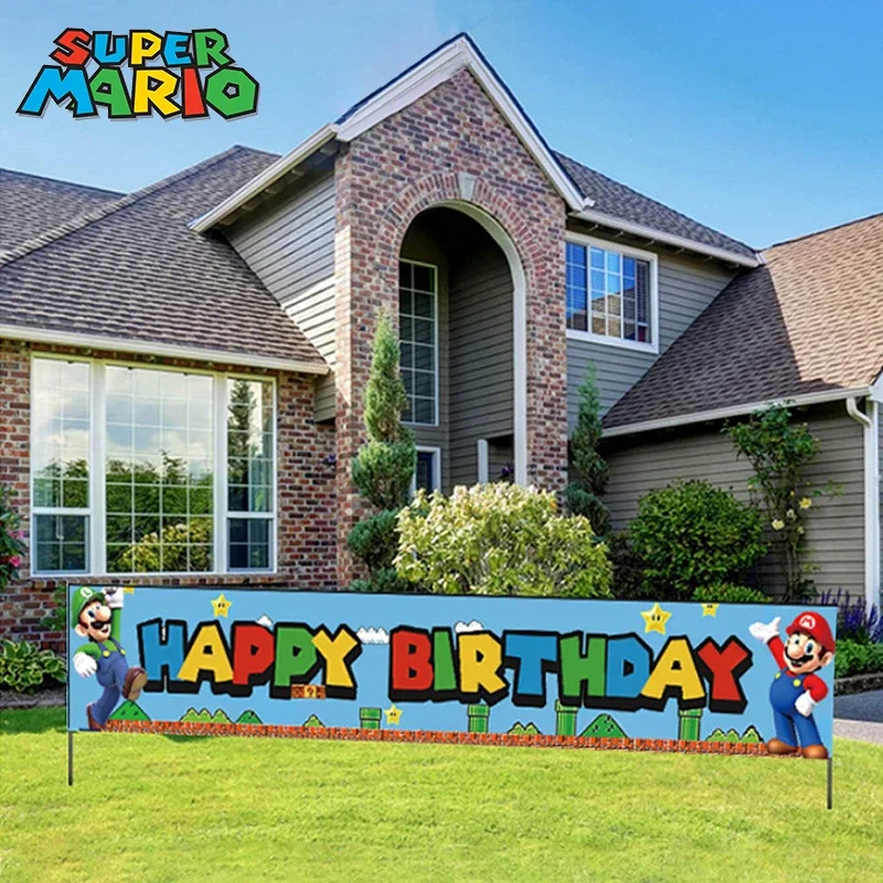 Pancarta de cumpleaños de Mario para niños, bandera para exteriores, decoración de Super Mario, suministros para fiestas de cumpleaños, pancarta colgante divertida, casa de Garten, 50x300cm