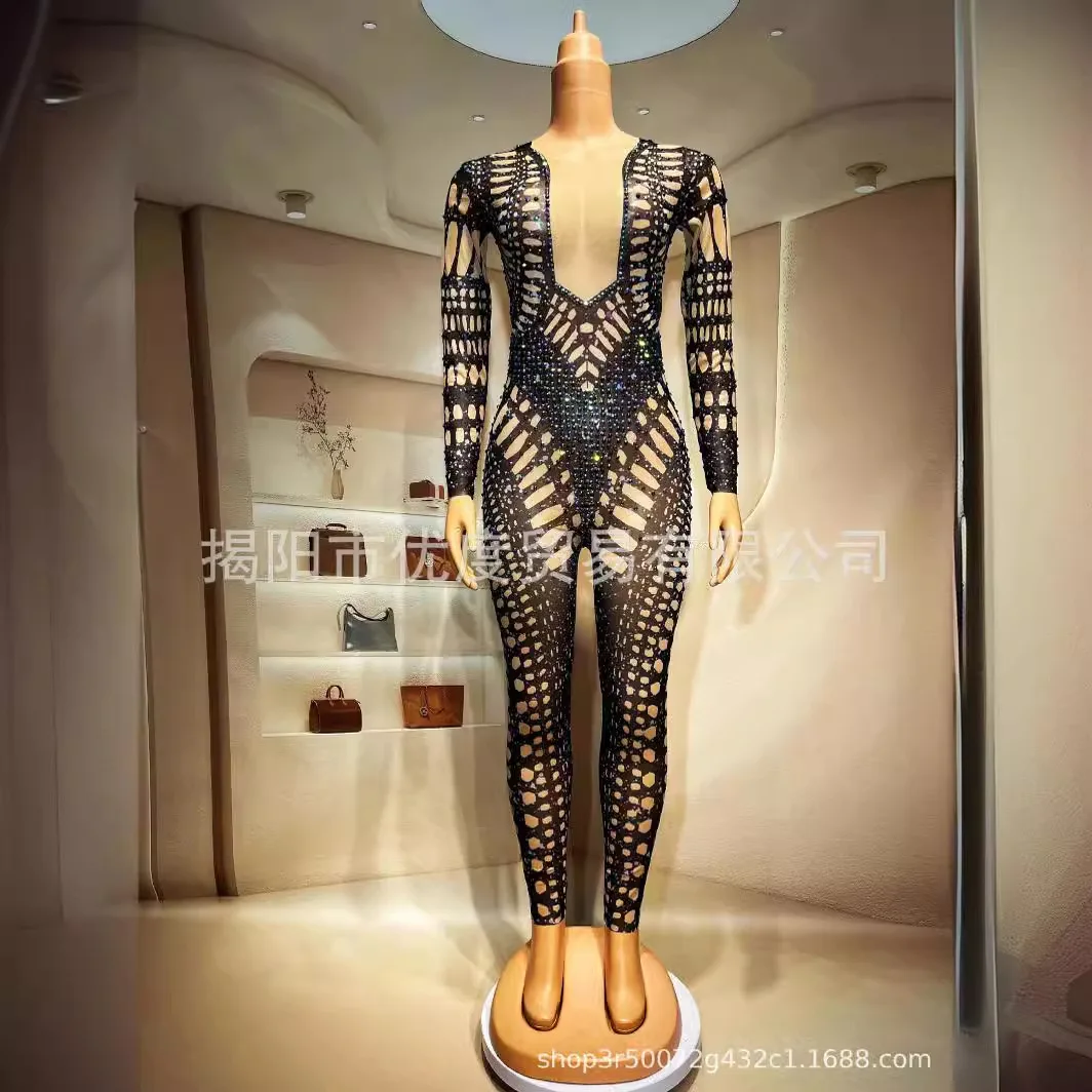 

Personality Ripped Singer Sexy Slim Fit Shiny Rhinestone Jumpsuit Night Reception Party Performance Black Hole Pants Ever Pretty