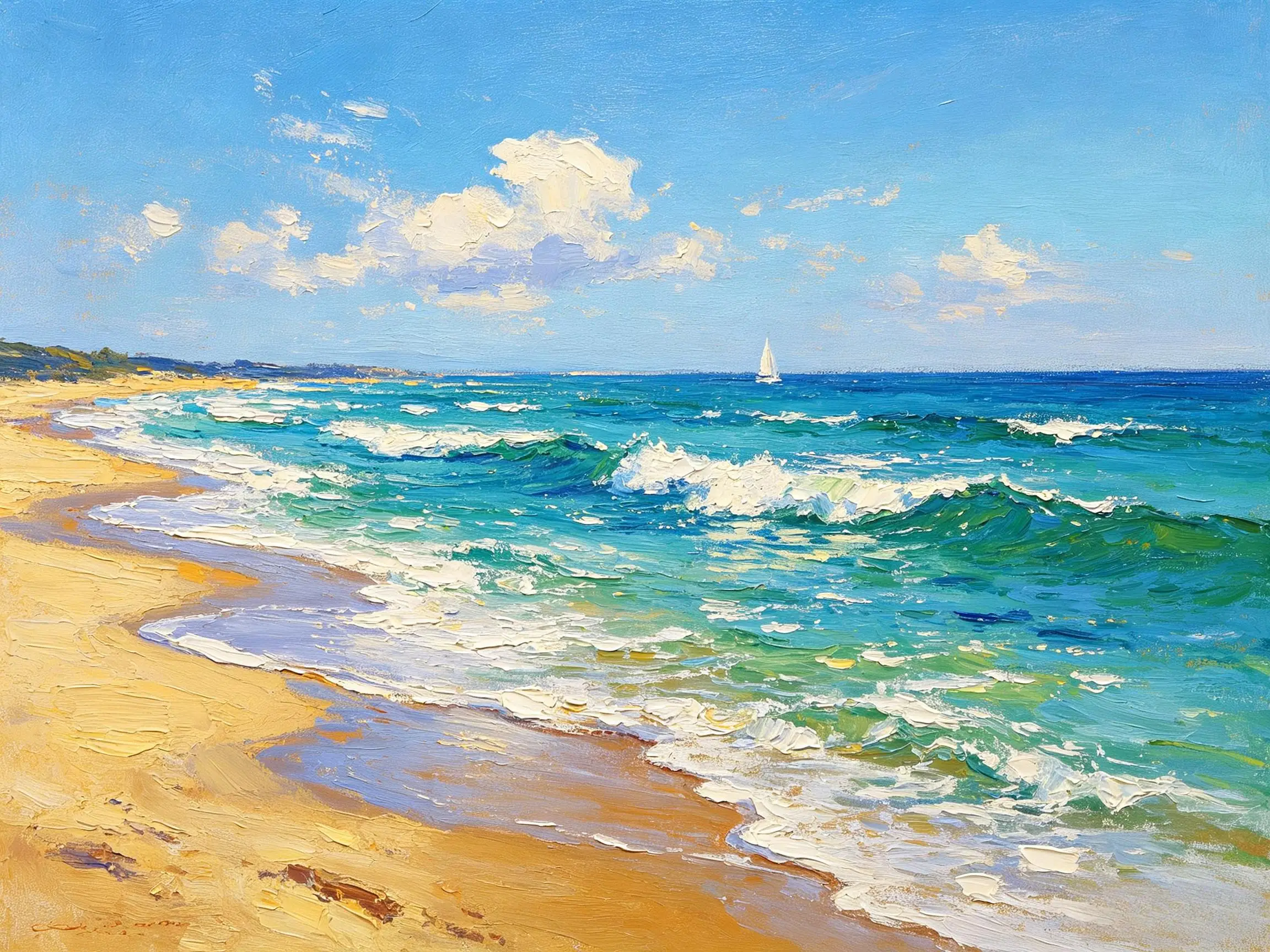 27570-Clear Sky Beach Wave Sailboat Canvas Wall Art Decor
