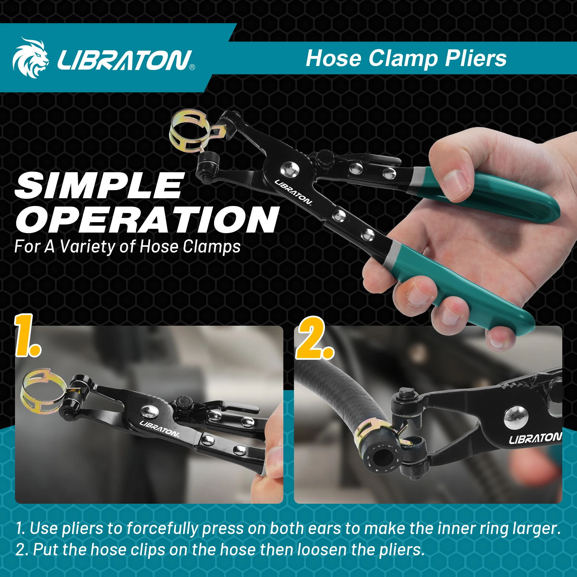 LIBRATON 1pc Automotive Hose Clamp Plier, Straight Throat Tube Bundle Clamp Removal Tool, with Swivel Flat Band, for Car Repair