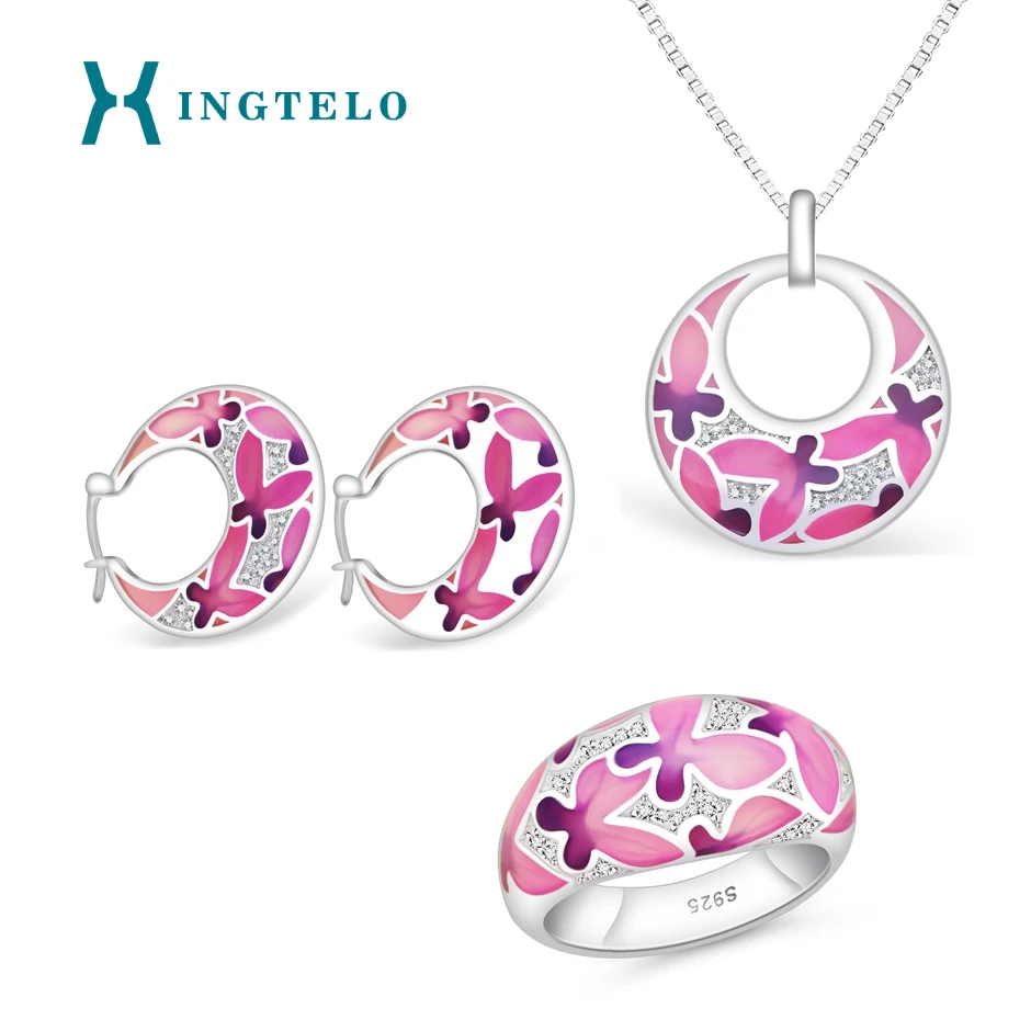 

XINGTELO Bride 925 Sterling Silver Jewelry Set Sweet Pink Earrings Pendant Chain Ring Crystal Translucent Jewelry for Women