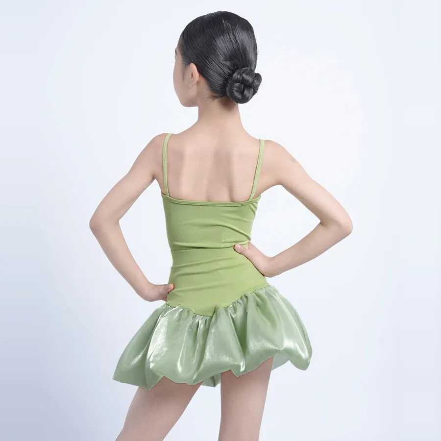 Kids Green Spaghetti Strap Puff Tulle Latin Dance Dress Cha Cha Rumba Ballroom Training Daily Class Stage Competition Dancewear view 4