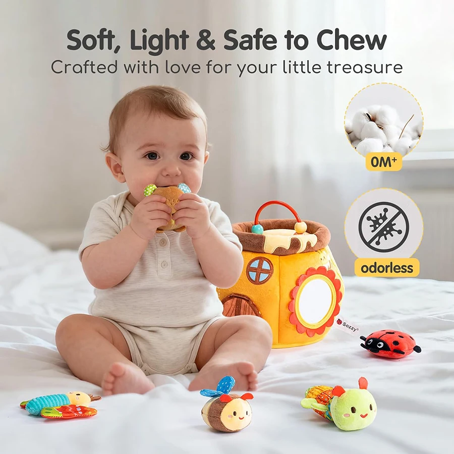 Brinquedos para bebês de 6 a 12 meses, casinha de abelha com animais de fazenda de pelúcia para crianças de 1 a 3 anos, colmeia de pelúcia com chocalhos, espelho rangido