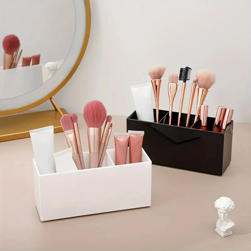 Makeup Brush Holder Organizer Acrylic Cosmetic Brushes Storage Box with 3 Slots Comestic Tools Storage Box for Vanity Countertop
