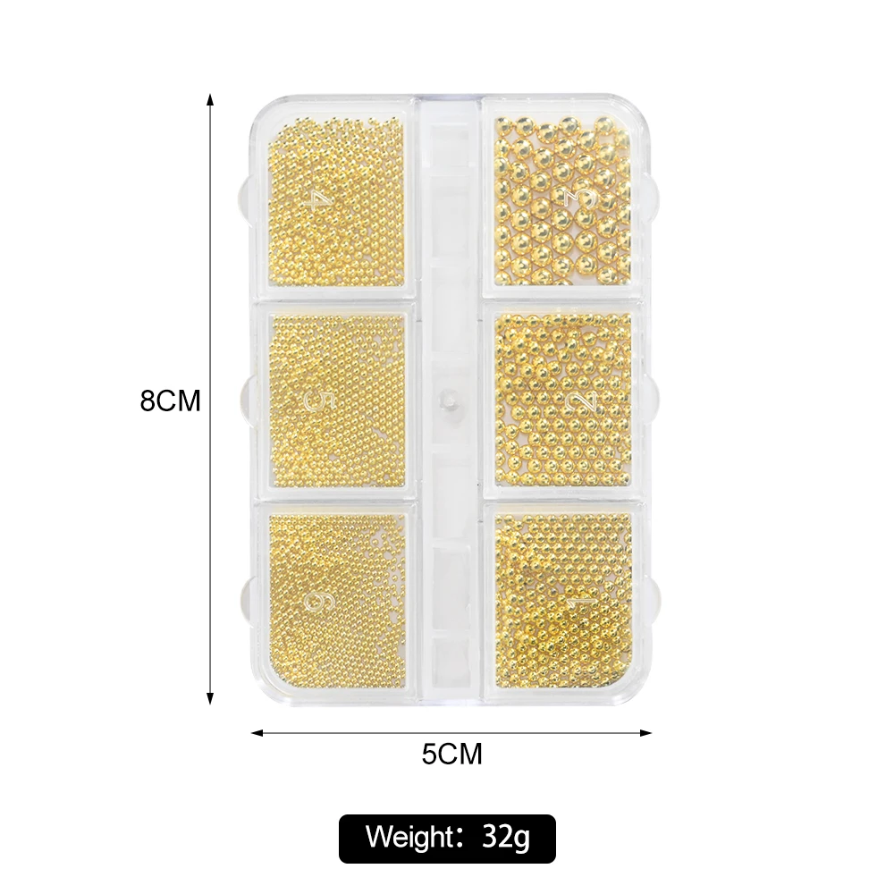 6 Grids Gold/Silver Stainless Steel Beads 3D Nail Art Charms 0.8-3mm Mixed-Size Metal Caviar Ball Gems DIY Luxury Manicure Part