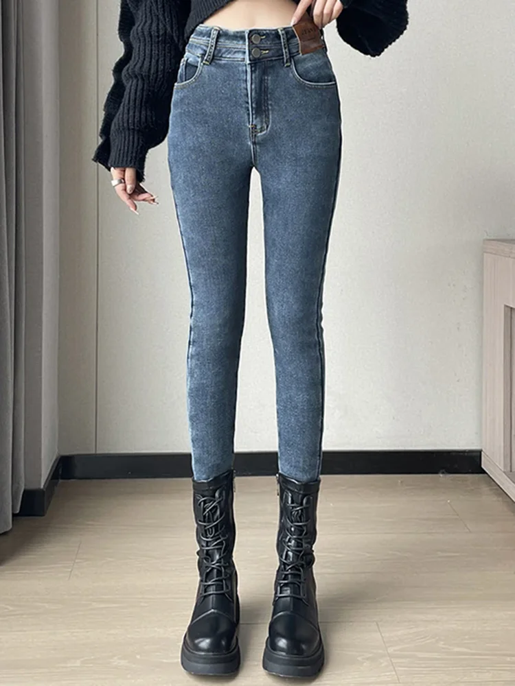Damskie jeansy ołówkowe z wysokim stanem, podszyte aksamitem, codzienne spodnie dżinsowe z wysokim stanem, grube, modne koreańskie spodnie skinny, elastyczne, vintage vaqueros