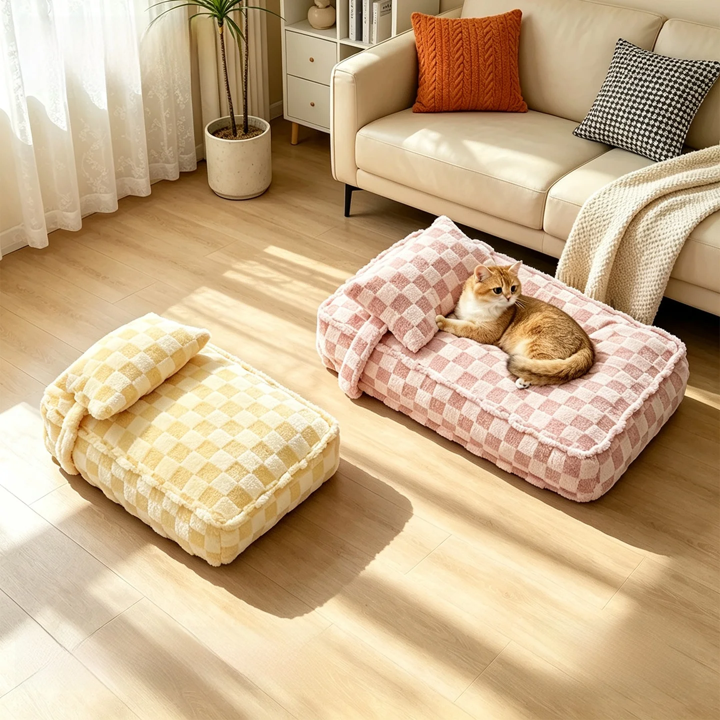 warm-plush-pet-sofa-winter-style-chessboard-pattern-couch-for-cats-and-dogs-anti-scratch-pet-bed-mat-soft-cozy-resting-nest