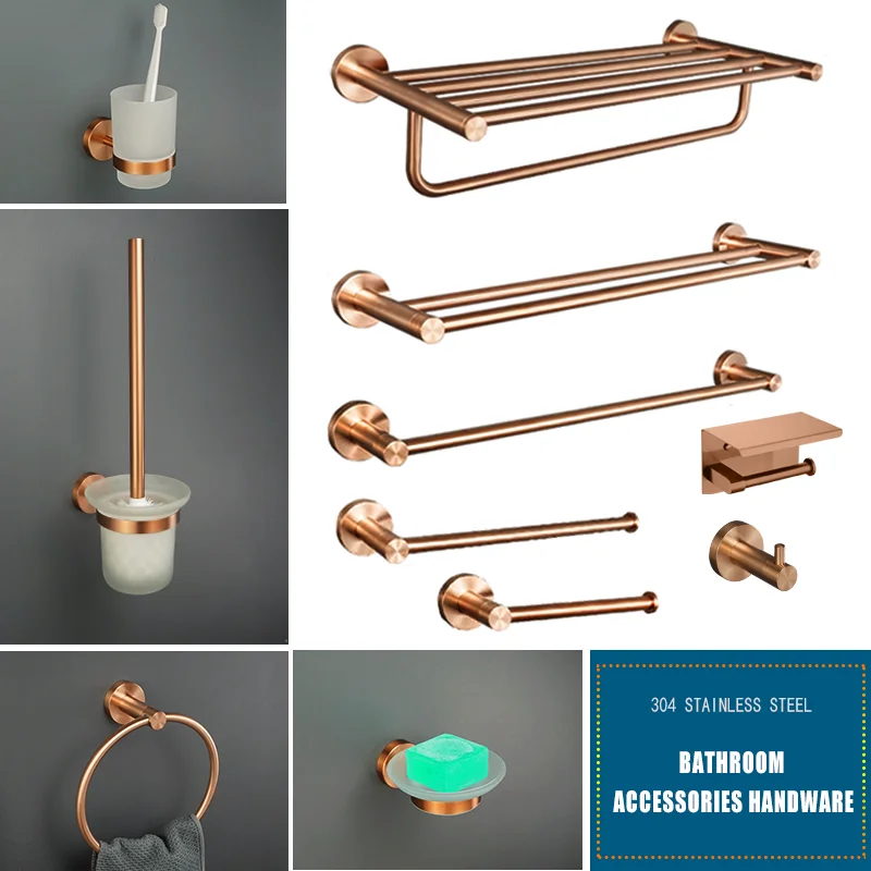 

Brushed Rose Gold Stainless Steel Wall-mounted Elegant Bathroom Set Paper Towel Stick Toilet Bathroom Robe Soap Soap Dishwasher