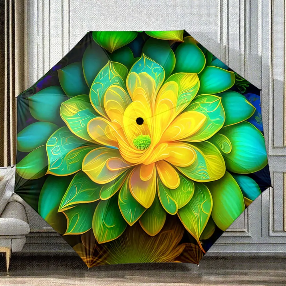 

Автоматический складной зонт с ярким желто-зеленым цветочным узором - портативный складной зонт, прочная 8-спицевая конструкция, автоматическое открывание