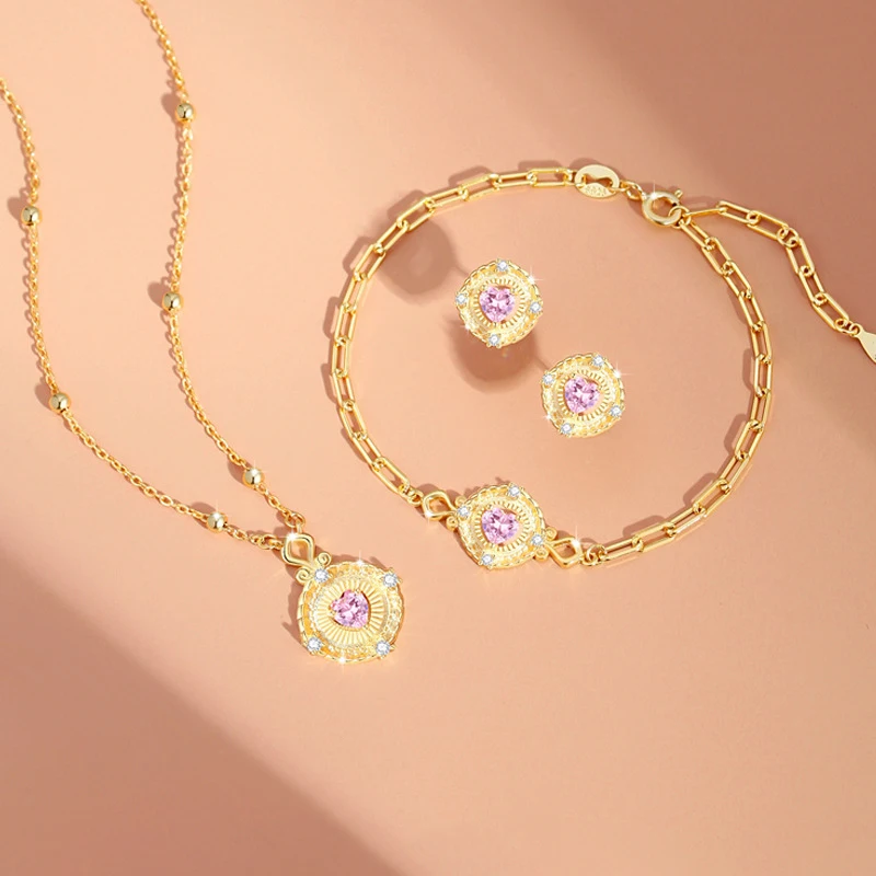 

VANA Ready To Ship Vintage Women Fine 925 Sterling Silver Jewellery Pink Cubic Zirconia Necklace Bracelet Earring Jewelry Set