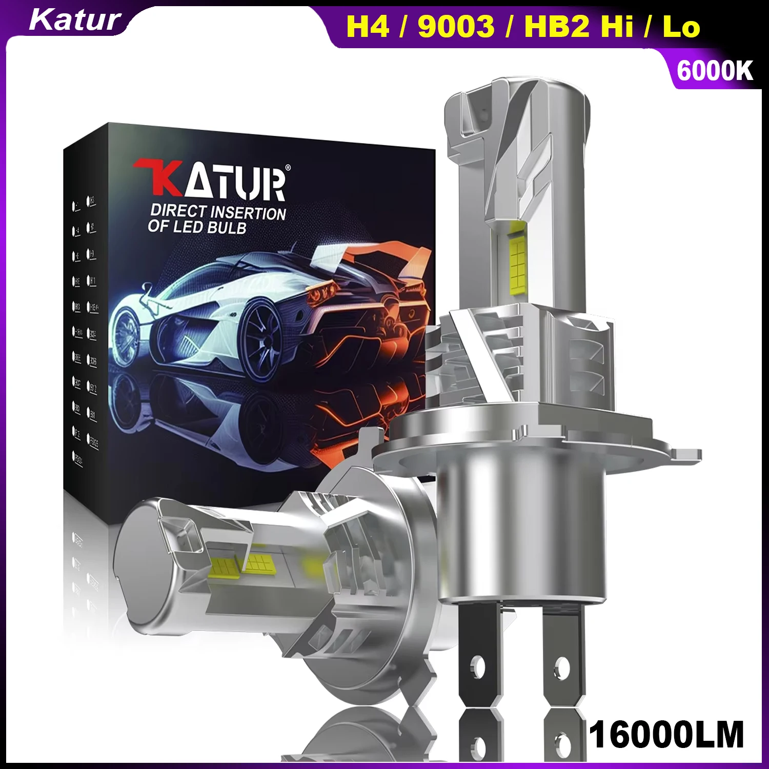 Katur 2x H4 9003 HB2 Car Hi/Lo Beam LED Bulb Canbus Fanless 16000lm 6000K Powerful Plug and Play For Renault DOKKER 2013~2023