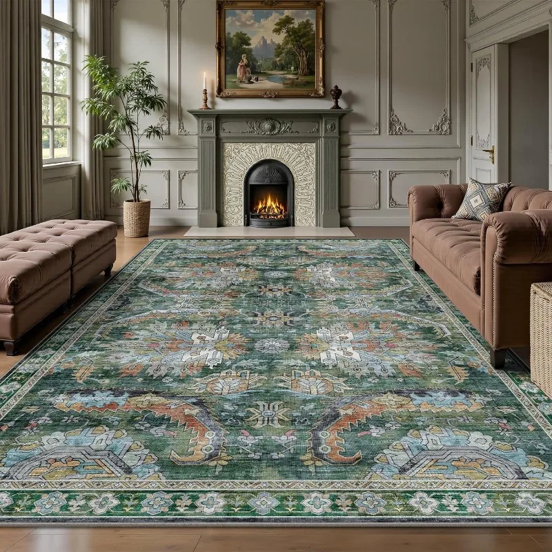 Stylish Vintage Persian Blue & Orange Pattern Rug European Classical Bedroom Beside Carpet Non-Slip Machine Washable Floor Mat