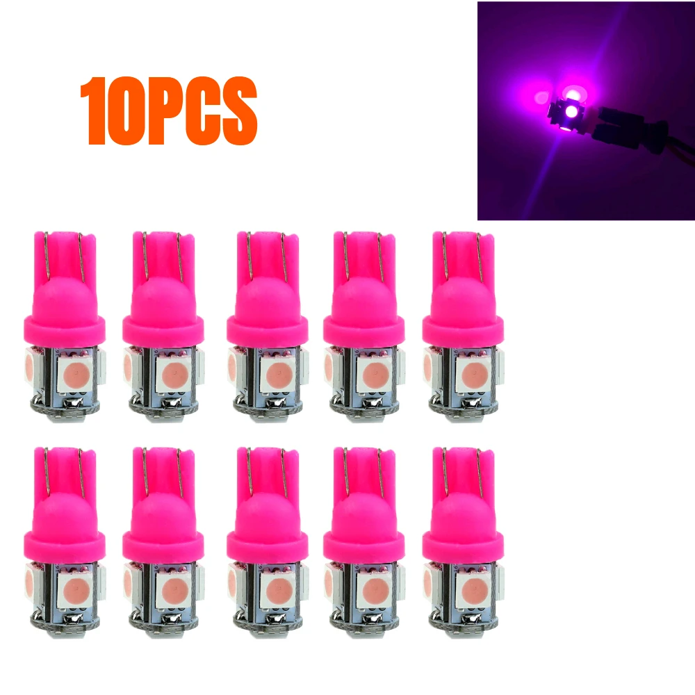 

10pcs Car Lamp Bulb Pink Purple T10 158 192 194 168 W5W 5050 SMD 5 LED Wedge Tail Side Lights Dome License Map Light Accessories