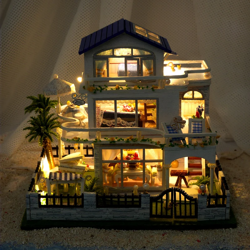 New Diy Wooden Mini Seaside Villa Miniature Building Kits Doll Houses With Furniture Casa Dollhouses For Friends Birthday Gifts