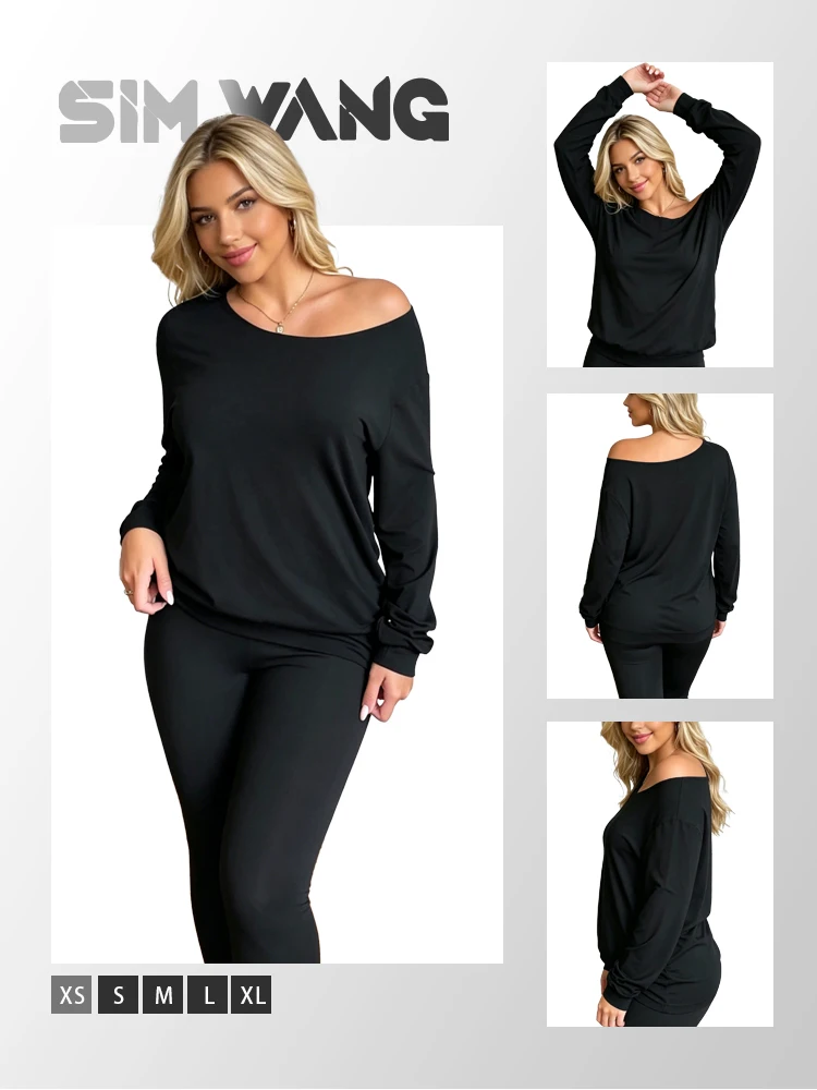

Black V-neck one-shoulder long-sleeved hoodie for women. Loose shoulder style, pure erotic, irregular, sleeveless, laid-back top