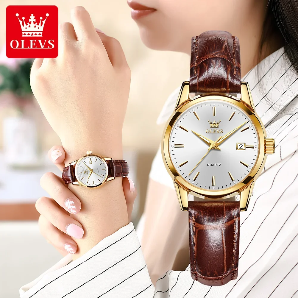 OLEVS Women's Luxury Quartz Watch Waterproof Leather Band Fashion Ladies Wristwatch Business Casual Elegant Women's Timepiece