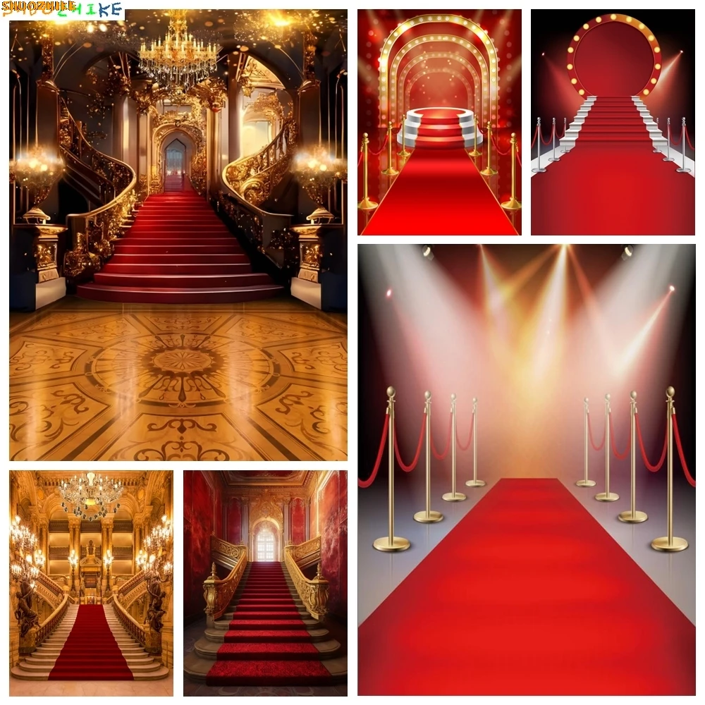 

Red Carpet Stairs Photography Backdrop Luxurious Opera Palace Castle Light Portrait Wedding Birthday Party Photo Background