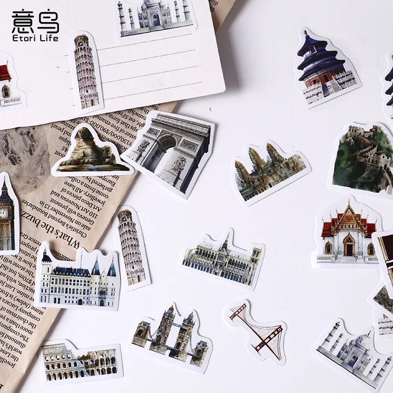 46pcs Stickers Stationery Scrapbook World Architecture Retro Historic Sites DIY Diary Handbook Decoration Phone Case Album Label