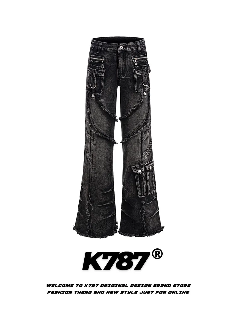 

Джинсы K787 в американском ретро-стиле, с потертостями, с высокой талией, прямые, расклешенные, для мужчин и женщин, в стиле хай-стрит, панк, хип-хоп, деним