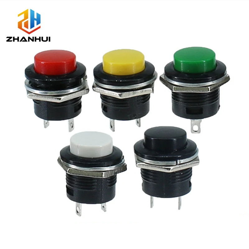 6 Interruptores de Botón Pulsador Momentáneo R13-507 de 16mm - 6A/125VAC 3A/250VAC, Interruptor Redondo de 6 Colores con Auto-reinicio para Control Industrial