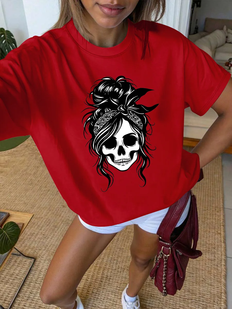 Casual T-shirt voor dames - Zwarte geometrische schedel- en bloemenprint, top met ronde hals en korte mouwen voor lente/zomerpersoonlijkheid Y2K-top