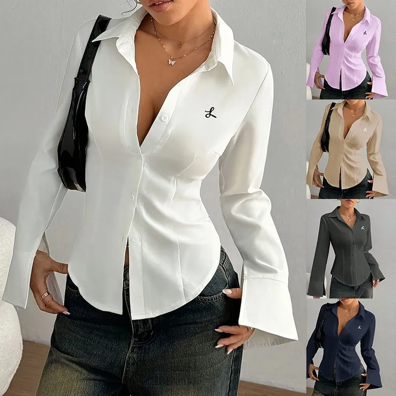 Solid Color Long Sleeved Single Breasted Slim Fit Casual Embroidered Shirt Spring Autumn New Women's Clothing Elegant Top