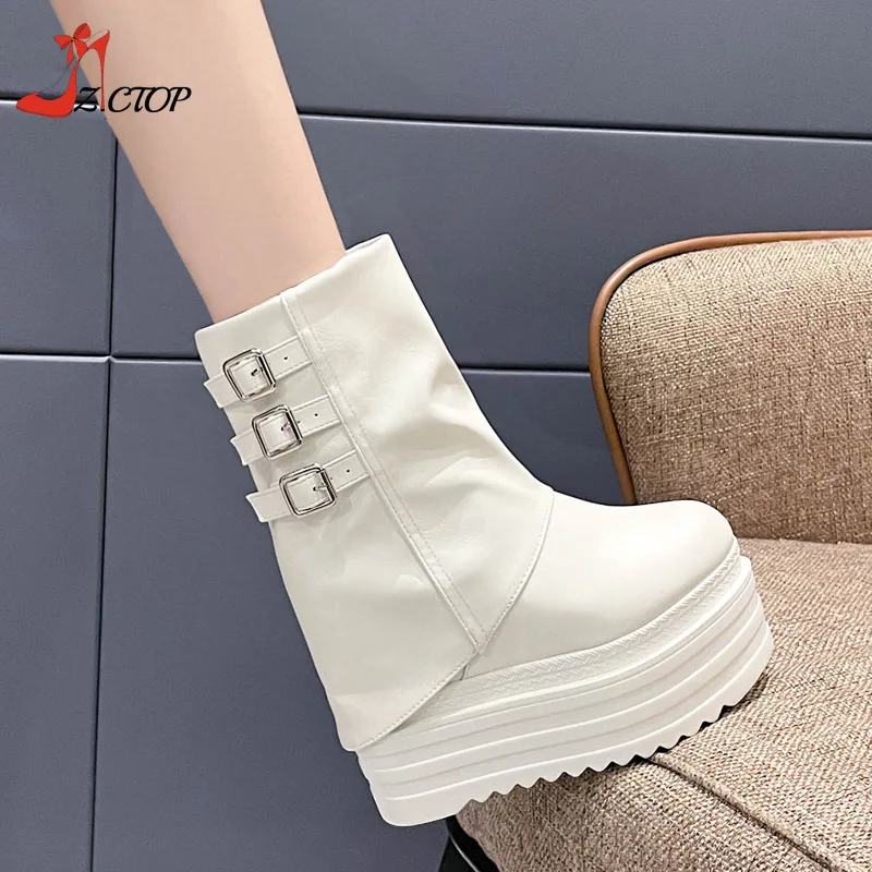 

New 13cm Wedges Platform Boots Winter Fashion High Heels Ankle Boots Women Zipper Black White Thick Soled Botas