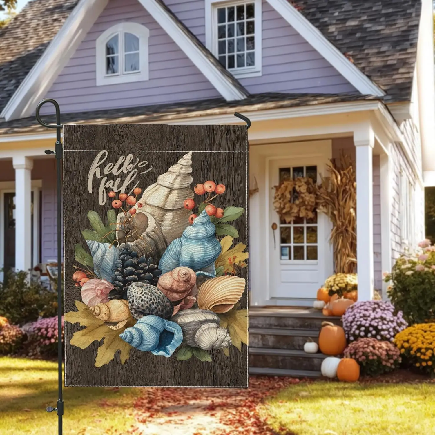 Hello Fall Seashell Garden Flag, Blue Coastal Shells Autumn Home Decor Banner, Double Sided Rustic Yard Flag for Outdoor Law UUX