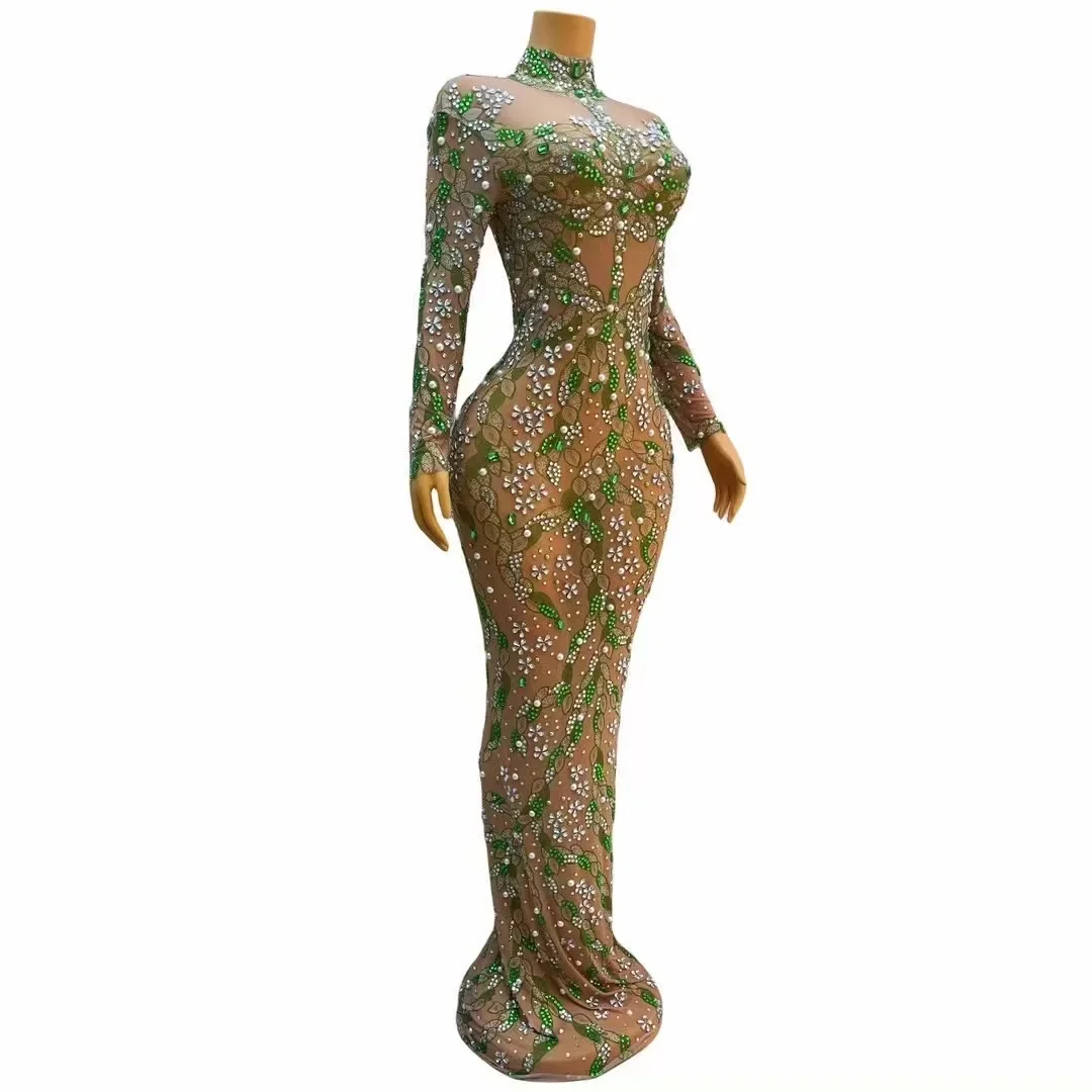 Printemps feuilles vert strass soirée longue robe chanteur célébrité sexy transparent sans manches modèle défilé Costume
