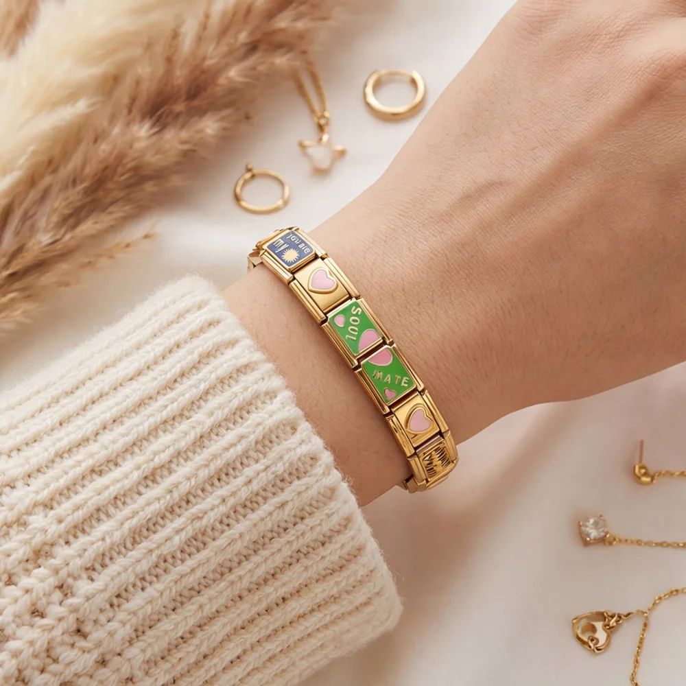 Gold Color Italian Stainless Steel Love Heart Charms Combination Module Bracelet for Lover Gift Eelastic Setachable Strap Chain