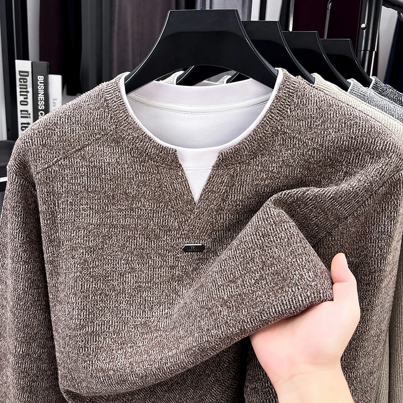 Personality patchwork round neck men's sweater fashion brand luxury fake two-piece new soft comfort casual high-quality pullover