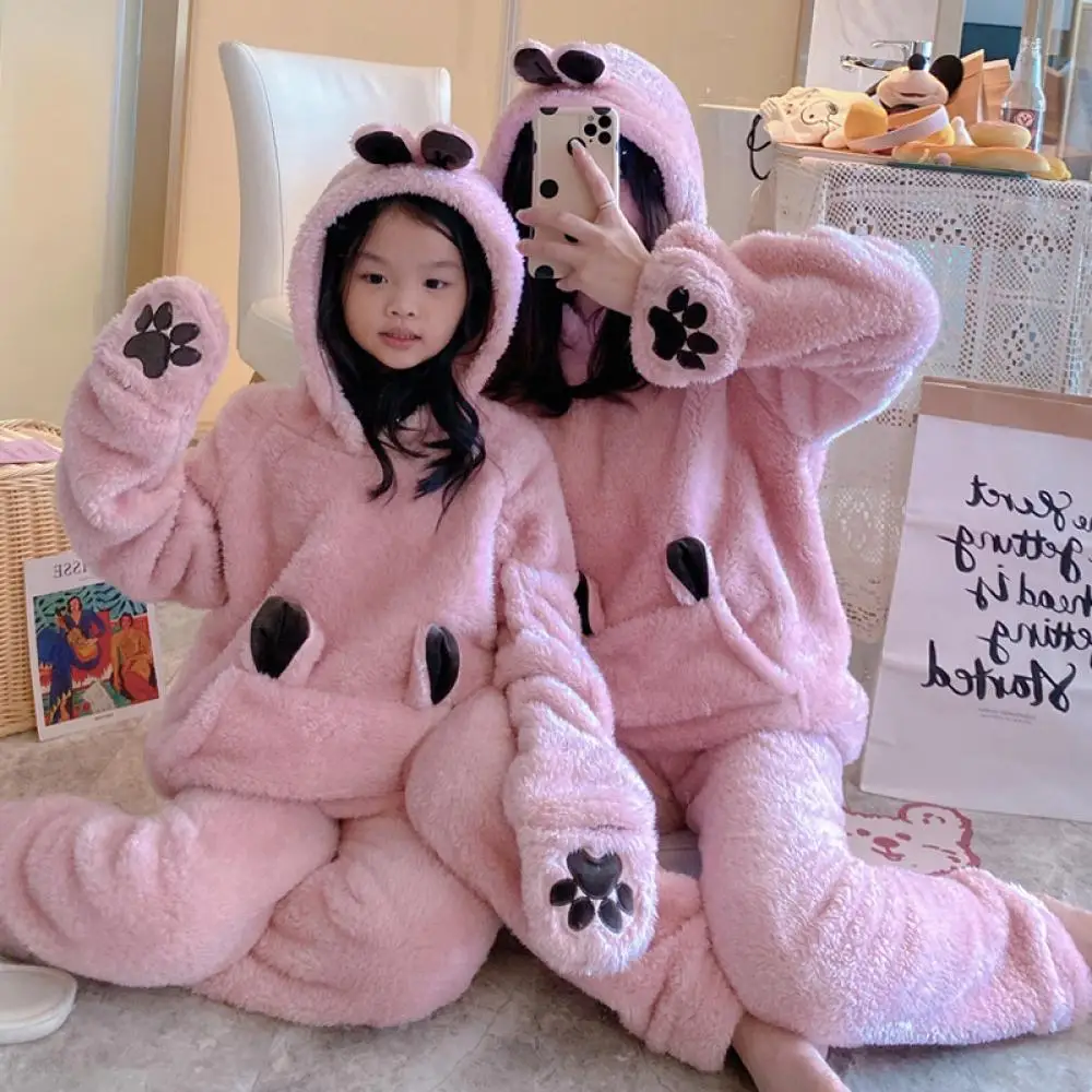 Zawaland Winter Pink Cute Hooded Loungewear Suit Warm Pile Pajama Set Mother Daughter Home Clothing Thickened Pajama Pants