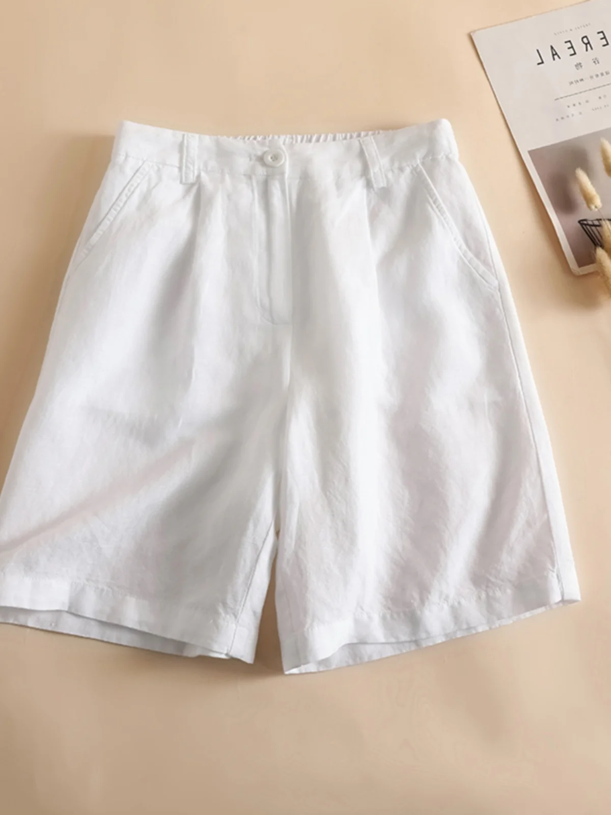 Linnen rechte pijpen ort broek dames zomer 2024, faionable semi-elastische taille, veelzijdige casual dunne ademende hotpants