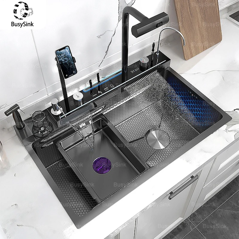 

Household Digital Display Piano Button Waterfall Faucet Stainless Steel Kitchen Sink Large Single Bowl Multifunctional Wash Slot
