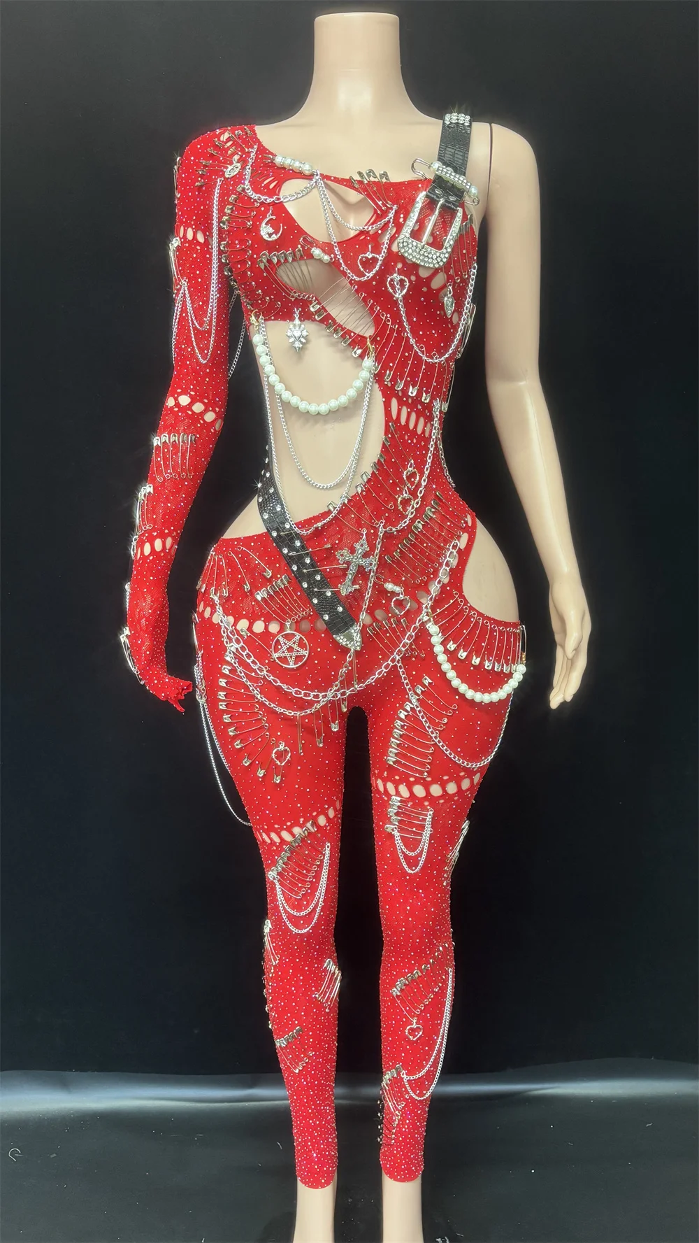 

Sexy One Shoulder Performance Dance Costume Stage Wear Sparkly Red Beading Hollow Out Jumpsuit Women Celebrate Birthday Jumpsuit