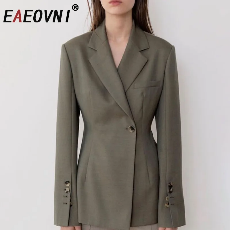 Eeovni 2025 elegante blazer feminino cor sólida gola entalhada botão reunido cintura design jaqueta senhora do escritório outono novas roupas