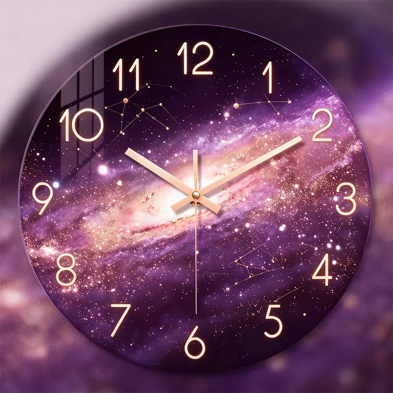 Round Purple Galaxy Constellation Wall Clock, Glowing Number Silent Quartz Wall Watch, Cosmic Starry Sky Art Decor Clock for Home Living Room Bedroom