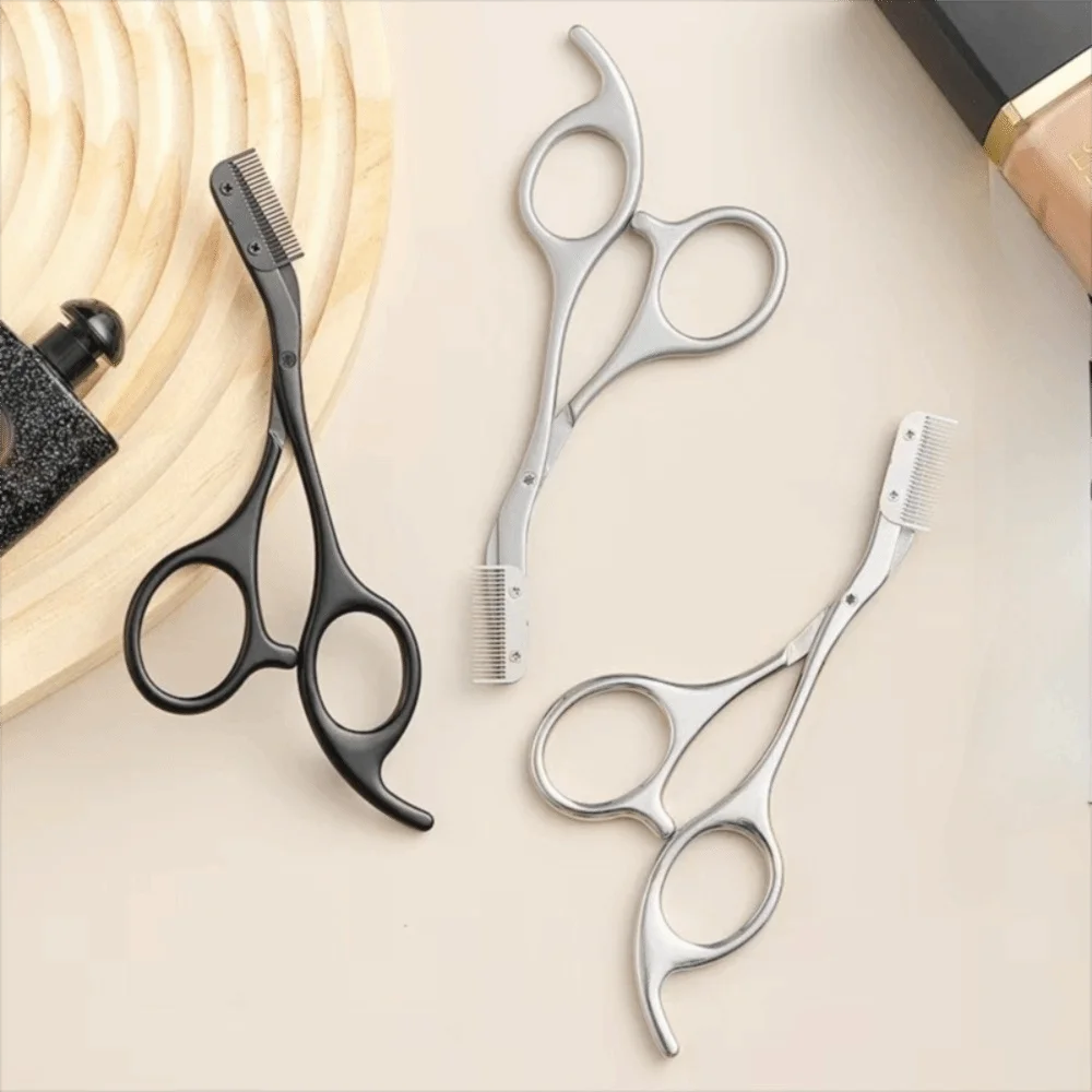 Stainless Steel Eyebrow Scissors Built-in Comb Metal Texture Eyebrow Trimmer All-in-One Shaper Epilator Cut Comb Makeup Tools