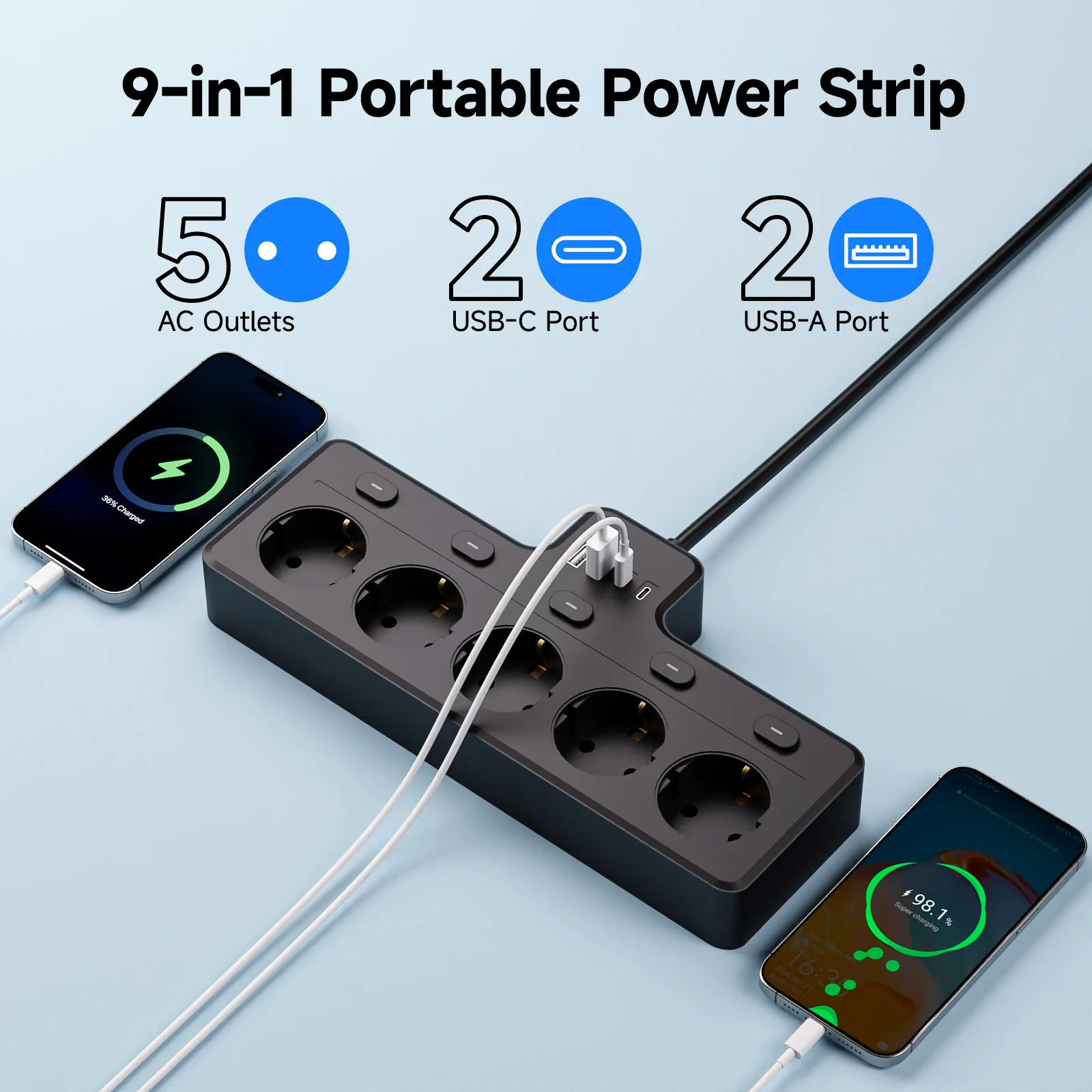 1-in-9 EU power strip, multi-switch power adapter, 5 AC sockets and 2 USB 2 Type-C ports, wall charger station, suitable for hom