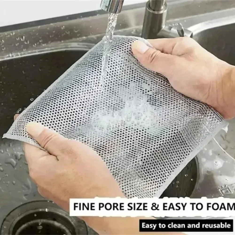 10PCS Thickened Steel Wire Cleaning Cloth Non-Scratch Double-layer Iron Microfiber Mesh Dishrag Washing Pot Rags Kitchen Towel