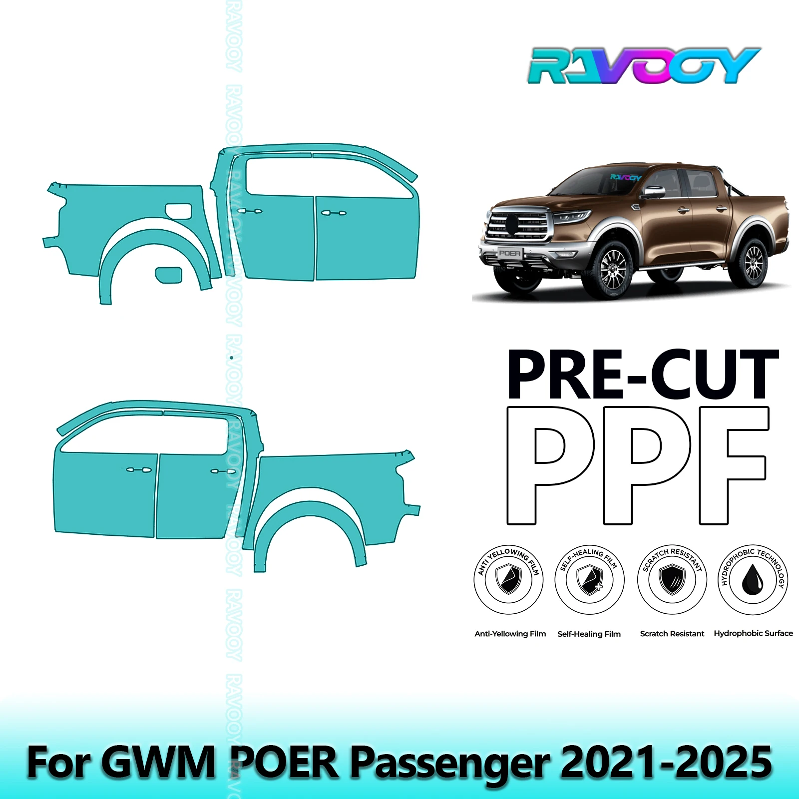 

For GWM POER Passenger 2021-2025 8.5mil Clear Matte Pre-Cut PPF Door & A/B Pillar Kit TPU Paint Protection Film Set