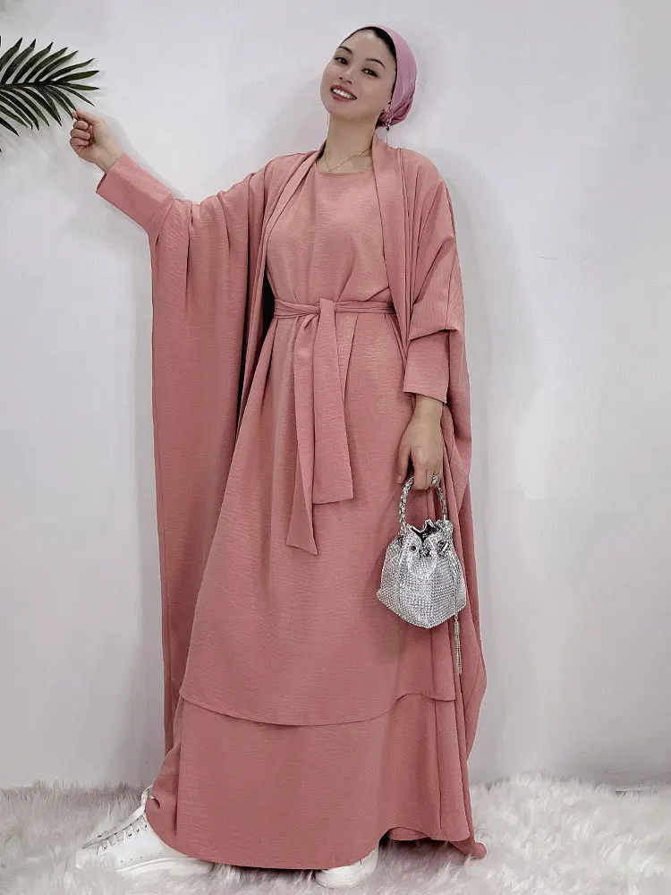 Imagem -06 - Abaya Combinando para Mulheres Batwing Open Abayas Vestido em Camadas Conjunto Muçulmano Ramadan Kaftan Roupa Islâmica Eid Dubai Modéstia Peças