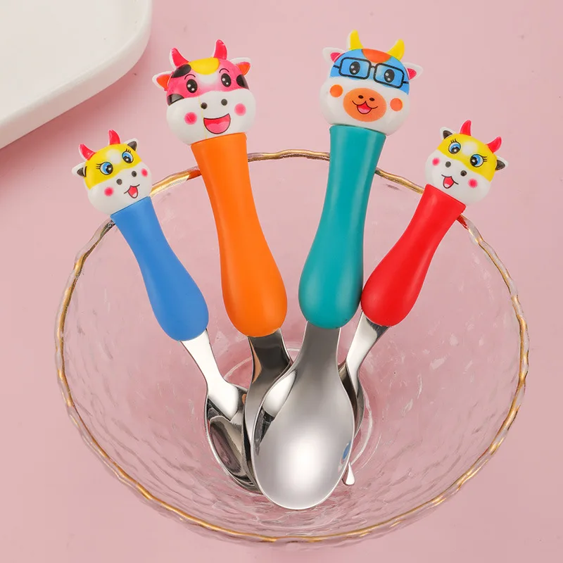 

Kids Cute Tableware Mirror Polish Cartoon Cow Cutlery Baby Training Feeding Spoon 304 Stainless Steel Kids Spoon and Fork Set