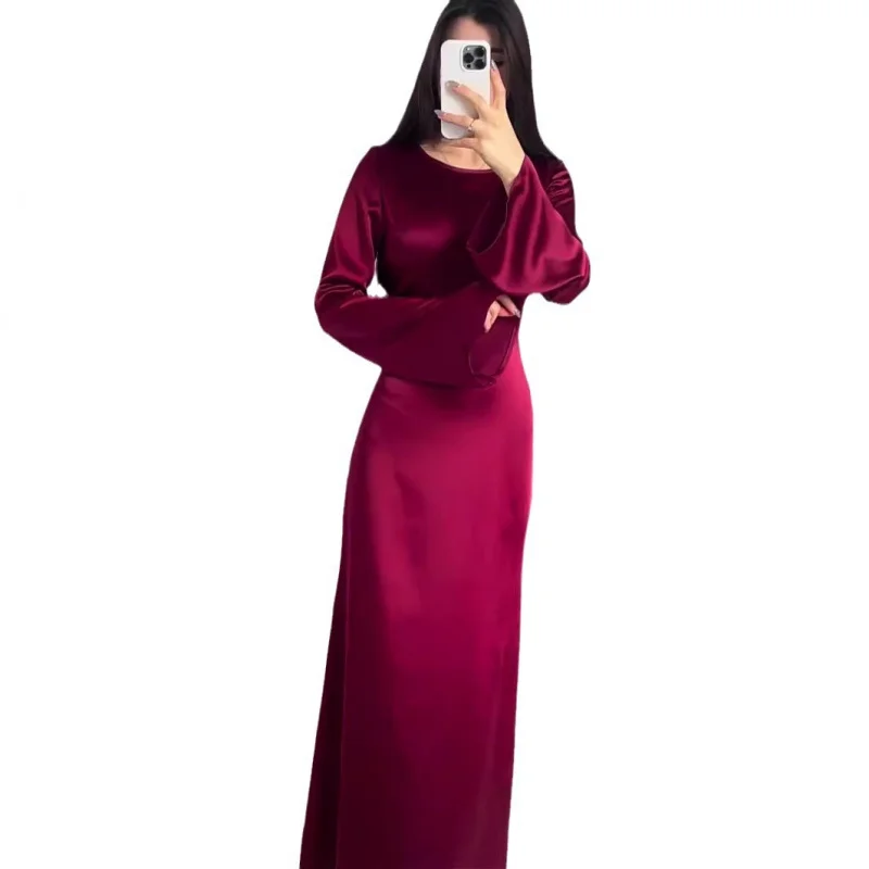 ربيع 2025 النمط الأوروبي والأمريكي الخصر مقصوص التخسيس التعادل بلون طويل الأكمام فستان طويل فستان أنيق #4
