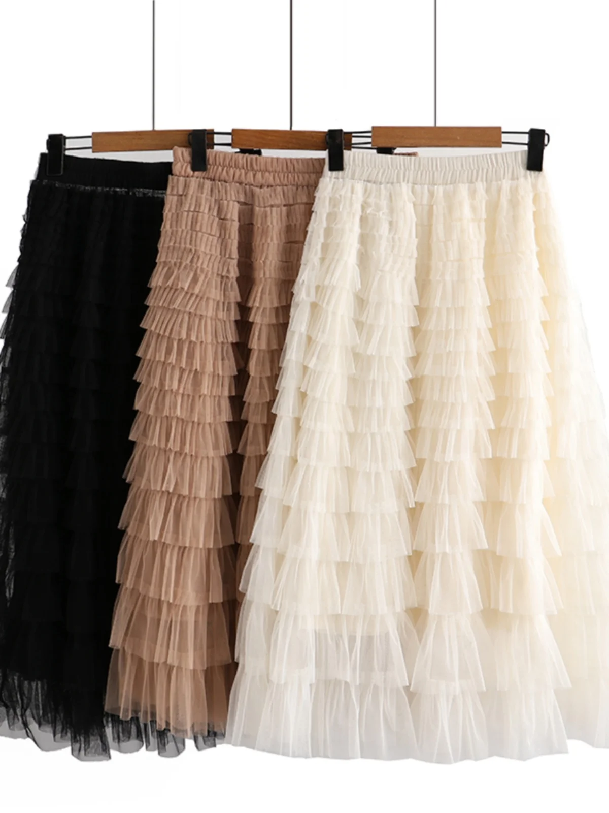 Spring Summer 2023 Layered Mesh Cake Skirt A-Line Midi plus Size Half Body Fluffy Skirt High Waist Korean Style Pure Color