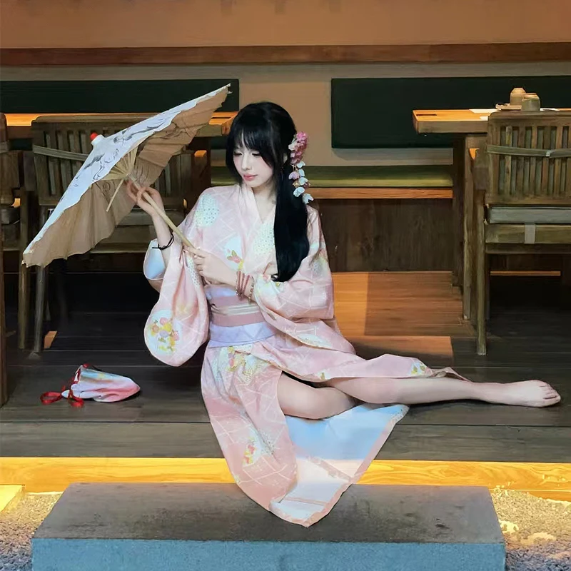 2025 New Design Japanese Kimono Pink Sakura Design Dance Perform Photoshooting Tour Anime Cosplay Halloween Costumes For Women